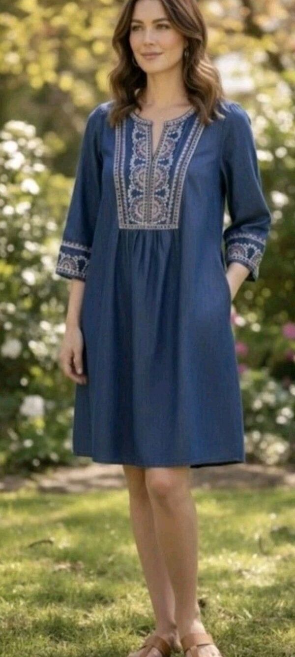 J Jill Cotton Soft Blue Tencel Denim Embroidered Tunic Dress Boho Tribal 3X Plus